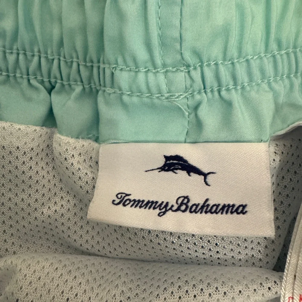 Tommy Bahama Blue and Pink Swim Trunks with Tropical Design